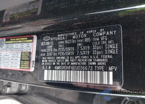 2014 Hyundai Santa Fe Gls z USA, uszkodzony, nr VIN KM8SRDHF6EU036673